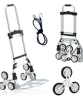 260 LBS Stair Climbing Cart, Aluminum Trolley Dolly for Stairs with Mute Wheels and Telescoping Handle, shown in folded and open positions