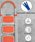 Orange and silver step ladder with load capacity label and icons for corrosion protection and premium materials.