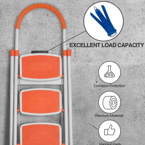 Orange and silver step ladder with load capacity label and icons for corrosion protection and premium materials.