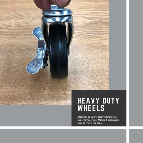Close-up of Heavy Duty Folding Table Caster Wheels Set With 3 Inch Locking Casters Elevates Height by 5 Inches, on wood surface.