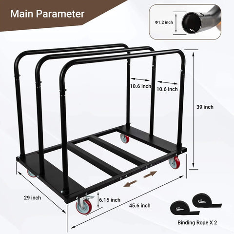 Heavy Duty Folding Table Cart For Moving Tables, 1800 Lb Capacity, Adjustable Drywall Dolly With 5 Inch PU Swivel Wheels, Carries Up To 10 Tables, Ideal For Parties, Hotels, Factories, Warehouses, Eastrexon, shown with dimensions and binding rope