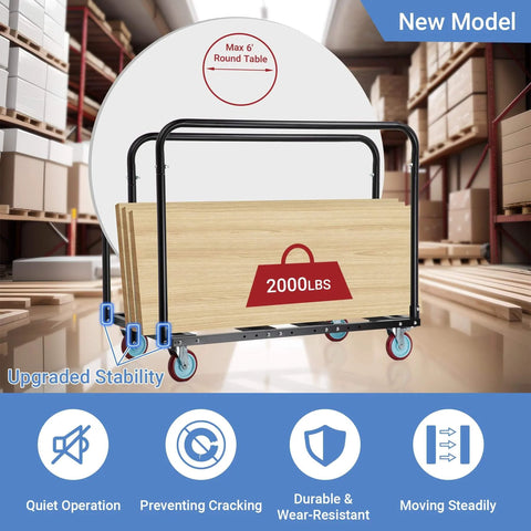 Heavy Duty Folding Table Cart With 2000 Lbs Capacity And 10 Tables 5 Inch Swivel Wheels Durable Table Dolly For Party Events Factory Hotel And Warehouse Use Adjustable Bottom Rods For Flexible Load Sizing And Easy Moving, shown with stacked tables in a warehouse.