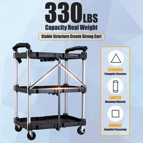 Portable Folding Service Cart With Three Tiers 330 Lb Capacity Workhorse Rolling Utility Cart On Wheels