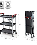 Portable Folding Tool Service Cart On The Go With 150 Lb Capacity, Locking Mechanism, Three Shelf Ergonomic Design, Black Red Finish For Tools And Maintenance, Olympia Tools - shown unfolded and folded for compact storage.