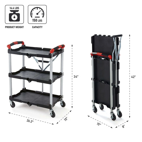 Portable Folding Tool Service Cart On The Go With 150 Lb Capacity, Locking Mechanism, Three Shelf Ergonomic Design, Black Red Finish For Tools And Maintenance, Olympia Tools - shown unfolded and folded for compact storage.