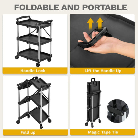 Heavy Duty Folding Utility Cart With 3 Tier Shelves DWVO 240 Lb Load Capacity Collapsible Rolling Cart With 360 Degree Swivel Wheels And Brakes