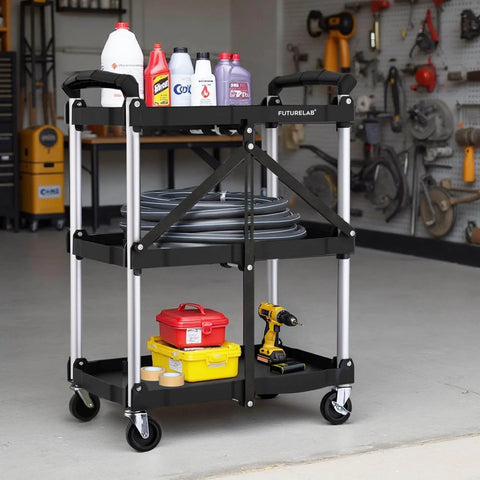 Portable Folding Service Cart With Three Tiers 330 Lb Capacity Workhorse Rolling Utility Cart On Wheels For Warehouse And Home Workshop Garage Restaurant And Office Use No Assembly Required