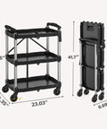 Heavy Duty Folding Utility Cart With 3 Tier Shelves DWVO 240 Lb Load Capacity Collapsible Rolling Cart dimensions shown