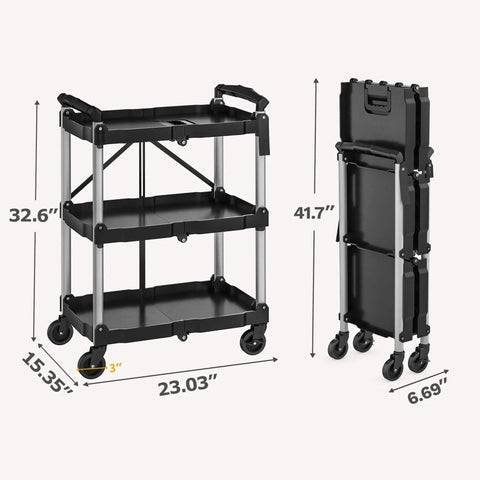 Heavy Duty Folding Utility Cart With 3 Tier Shelves DWVO 240 Lb Load Capacity Collapsible Rolling Cart dimensions shown