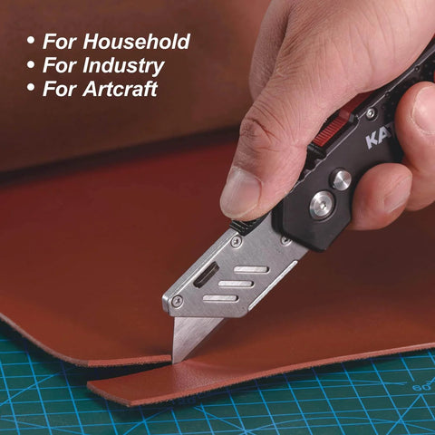 Close-up of a 3 Pack Folding Utility Knife Set With Zinc Alloy Body, Quick Change Blades being used to cut leather, highlighting versatility.