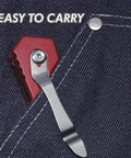 3 Pack Folding Utility Knife Set With Zinc Alloy Body, Quick Change Blades clipped to a denim pocket, easy to carry feature shown.
