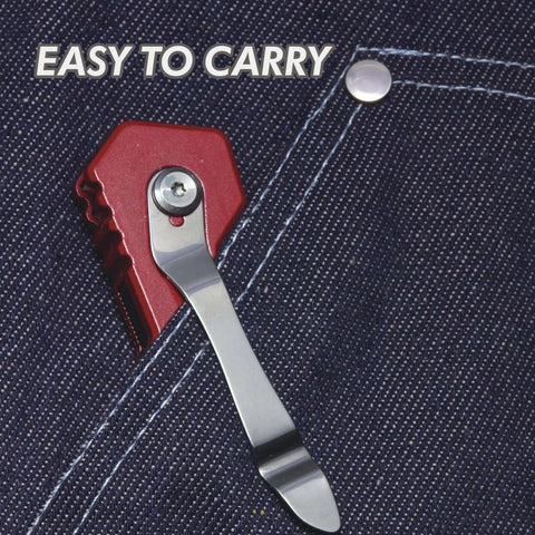 3 Pack Folding Utility Knife Set With Zinc Alloy Body, Quick Change Blades clipped to a denim pocket, easy to carry feature shown.