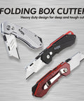 3 Pack Folding Utility Knife Set With Zinc Alloy Body, Quick Change Blades, Lock Back displayed against a metallic background