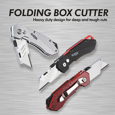 3 Pack Folding Utility Knife Set With Zinc Alloy Body, Quick Change Blades, Lock Back displayed against a metallic background