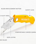 4-pack folding utility knife with quick-change blades and back-lock for safe, fast box opening, ideal for cartons, close-up view.