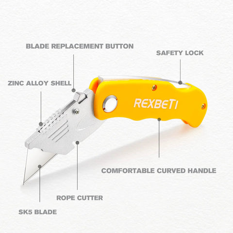 4-pack folding utility knife with quick-change blades and back-lock for safe, fast box opening, ideal for cartons, close-up view.