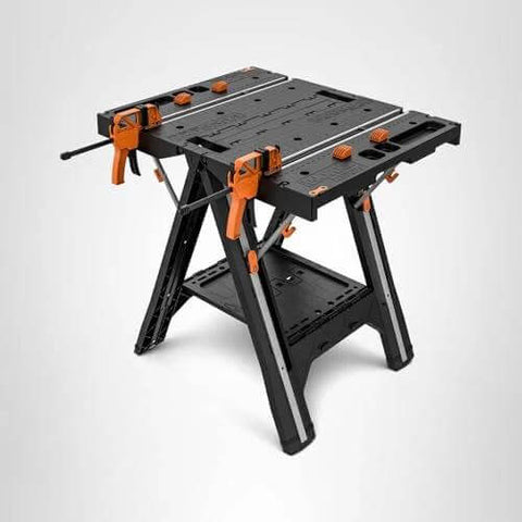 Pegasus 2 In 1 Folding Work Table And Sawhorse Portable Workbench With Clamps WX051 in black, showing surface and clamps