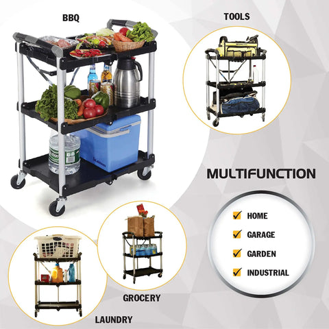 Pack N Roll Folding Collapsible Service Cart With 150 Lb Capacity, Locking Mechanism For Stability, used for BBQ and tool storage.