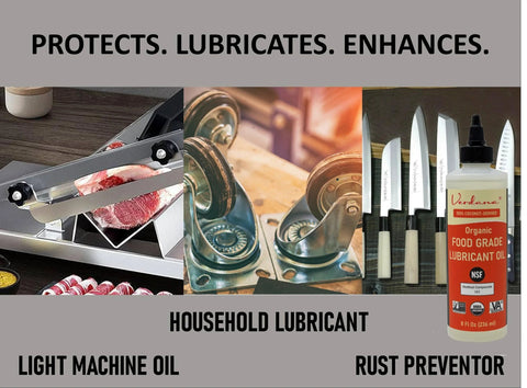Food Grade Pro Grade Lubricant Oil For Food Equipment With NSF H1 Certification, Organic Coconut Derived, 8 oz bottle shown with kitchen tools