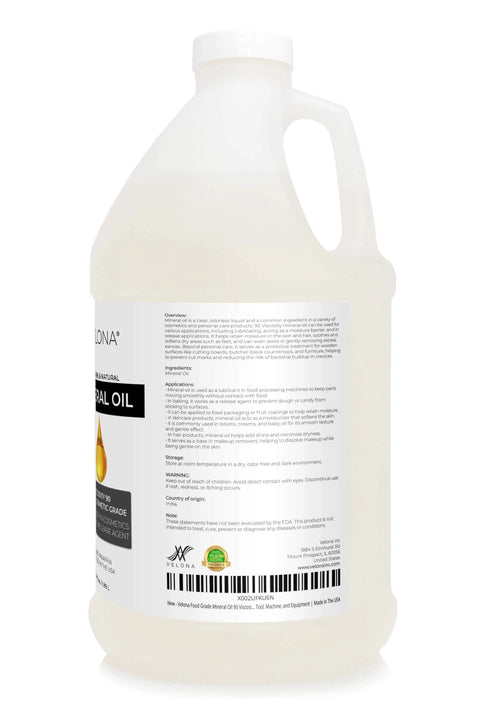 Back view of 64 fl oz bottle labeled Food Grade Mineral Oil 90 Viscosity NF USP Grade For Cutting Boards Countertops Made In The USA Velona