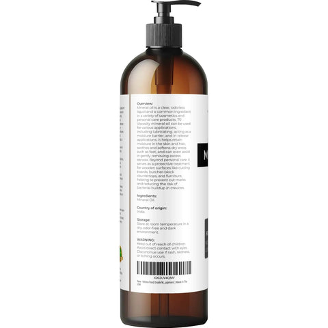 Side view of food grade mineral oil 70 viscosity NF USP grade 8 fl oz bottle with label details for cutting boards and equipment