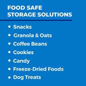 Food safe storage solutions list for snacks, granola, coffee, cookies, candy, freeze-dried foods, and dog treats on blue background.