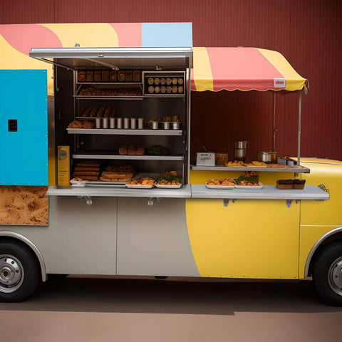 Food cart with folded drop down concession shelf displaying baked goods and snacks, suitable for snack bar or movie theater use.