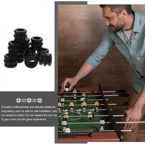 Hard Rubber Foosball Bumpers Set 15 Pack Pro Grade Replacement Bushings And Rod Bearings For Foosball Tables shown next to foosball table