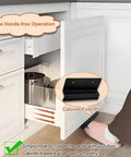 Person using a Pack Of Two Hands Free Cabinet Foot Pulls For Touchless Trash Drawers And Full Overlay Cabinets With Toe Kick Activation Soft Rubber Pedal For Barefoot Use Easy To Install With Adhesive Or Screws in kitchen. Close-up of foot pushing pedal to open cabinet drawer.