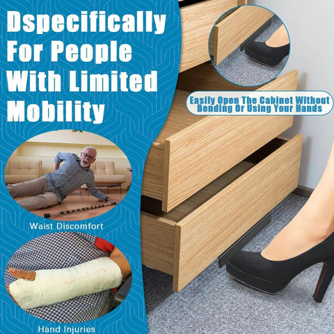 Foot Pull For Cabinets With Adhesive And Screws Hands Free Cabinet Door And Drawer Opener for limited mobility, showing use with heel.