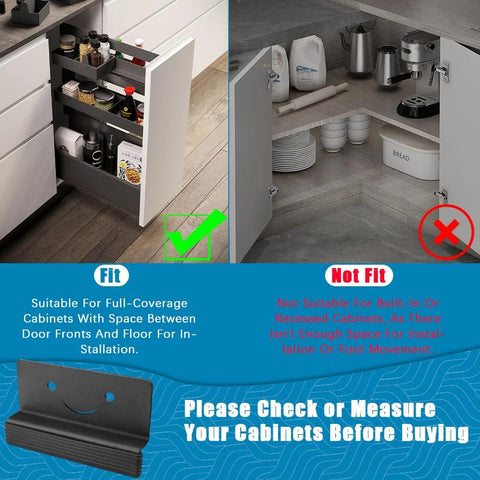 Infographic showing installation fit and non-fit for foot pull for cabinets with adhesive and screws, highlighting kitchen cabinet compatibility.