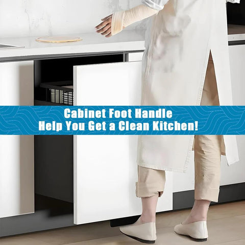 Person using Foot Pull For Cabinets With Adhesive And Screws Hands Free Cabinet Door And Drawer Opener in a kitchen setting