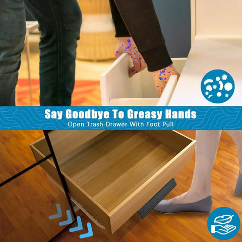 Foot Pull For Cabinets With Adhesive And Screws Hands Free Cabinet Door And Drawer Opener installed on a kitchen trash drawer