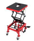 Foot Operated Hydraulic Motorcycle Lift Jack With 350 Lb Capacity, Wide Deck And Locking Wheels, Safe Scissor Lift, Red