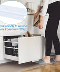 White Cabinet Foot Pull For Trash Can With Touchless Operation installed on a kitchen cabinet, demonstrating hands-free opening with foot lever.