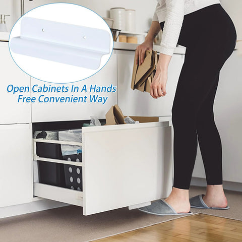 White Cabinet Foot Pull For Trash Can With Touchless Operation installed on a kitchen cabinet, demonstrating hands-free opening with foot lever.