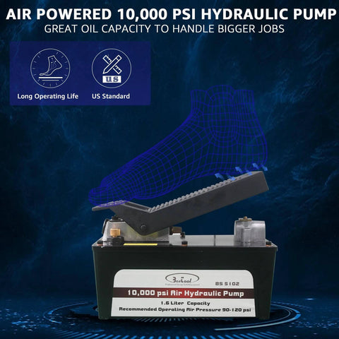 BESTOOL 10,000 PSI, 1/2 Gal Reservoir Foot-Operated Air Hydraulic Pump for Heavy Machinery Lifter & Auto Repair in use