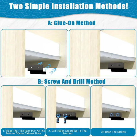 Foot Pull For Cabinets With Adhesive And Screws Hands Free Cabinet Door And Drawer Opener installation methods illustration.