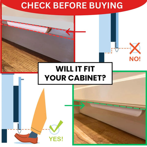 Diagram showing fit instructions for Hands Free Foot Pull Handle For Garbage Drawers And Bins Touchless Opener For Cabinets White Finish