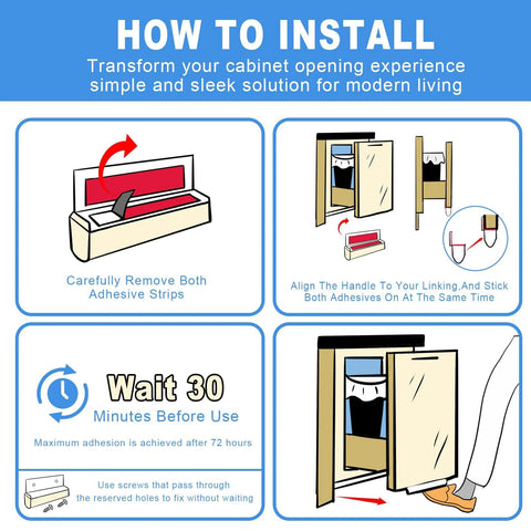 Installation guide for Foot Pull For Trash Cabinet Drawer Hands Free Design, showing adhesive application and foot operation.