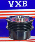 Side view of 920022 Alternator Idler Pulley Clutch (920022A) with metallic finish set against a branded background.