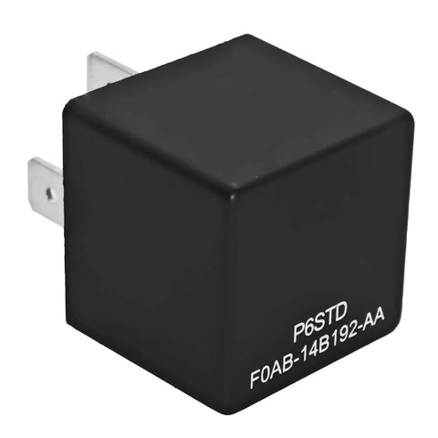 Black square Beefy 40A 12V DC 5-Pin Automotive Relay Pack Of 4 OEM Replacement F0AB-14B192-AA for Ford with labels visible.