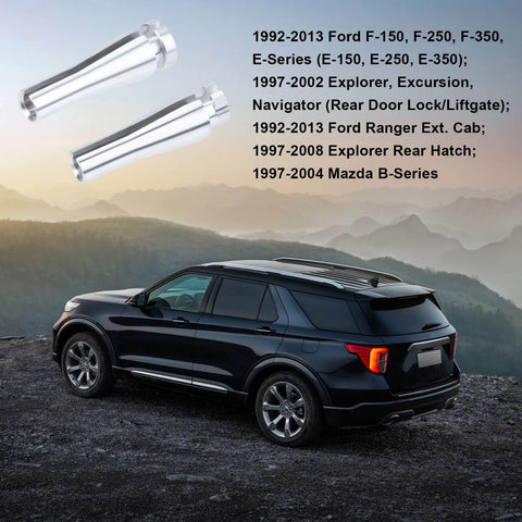 Four-piece door latch cable repair kit for Ford models with cammed ferrule design and vehicle compatibility list in background.