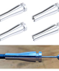 Four-piece door latch cable repair kit with cammed ferrule design and durable cables for Ford models, shown in silver metal.