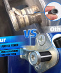 Comparison of our four piece door lock lift striker bushings set with competitor, showing installation on Ford F150 F250 F350 Bronco Mustang 1980 1996