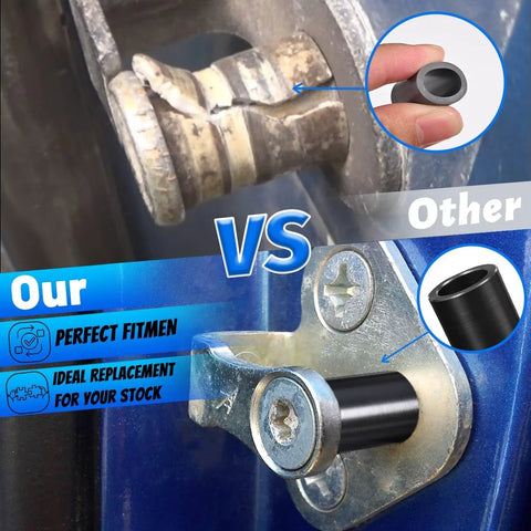 Comparison of our four piece door lock lift striker bushings set with competitor, showing installation on Ford F150 F250 F350 Bronco Mustang 1980 1996