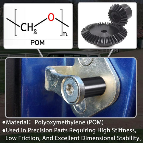 Polyoxymethylene POM material diagram with Ford truck door lock lift striker bushing installed on vehicle