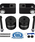 Upgrade your 2005-2023 Ford F-250/F-350 4WD with a 2.5 inch front leveling kit featuring billet aluminum spacers and shock mount extenders