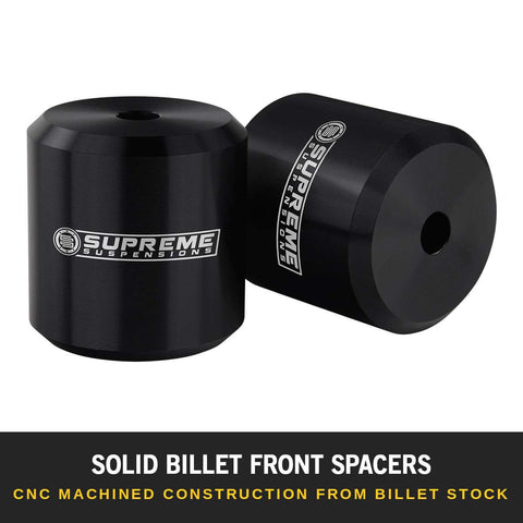 Upgrade your 2005-2023 Ford F-250/F-350 4WD with a 2.5 inch front leveling kit featuring billet aluminum spacers