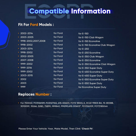 Compatibility list image for Heater Blower Motor 700022 For Ford E Series Vans E150 E250 Econoline Club Wagon 1997 To 2014 HVAC AC Replacement